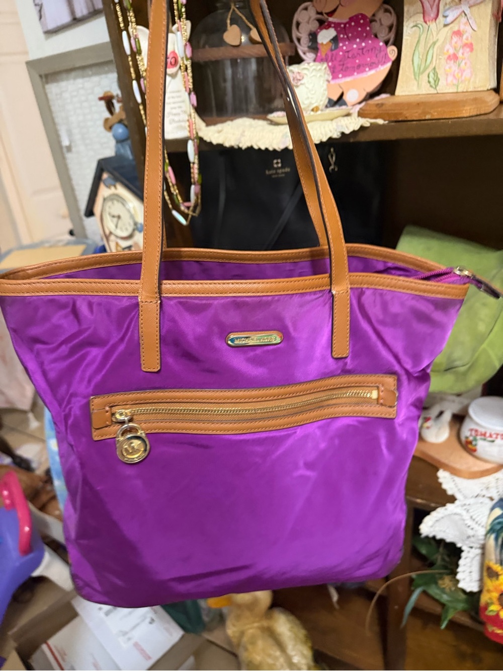 Michael Kors Purple Nylon Tote with Tan Leather Trim and Front Zip